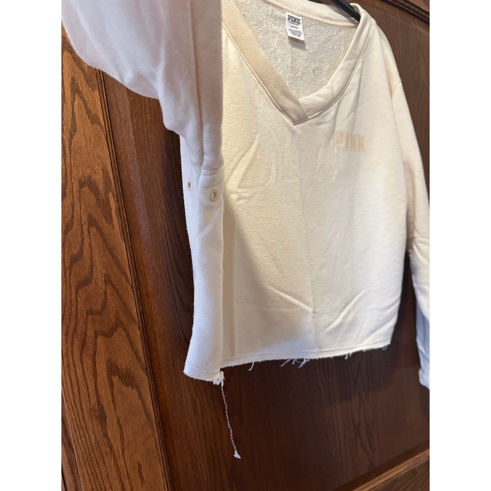 PINK‎ Victoria's Secret Sweatshirt Raw Hem V Neck Pullover Top Beige Comfy - Picture 4 of 5
